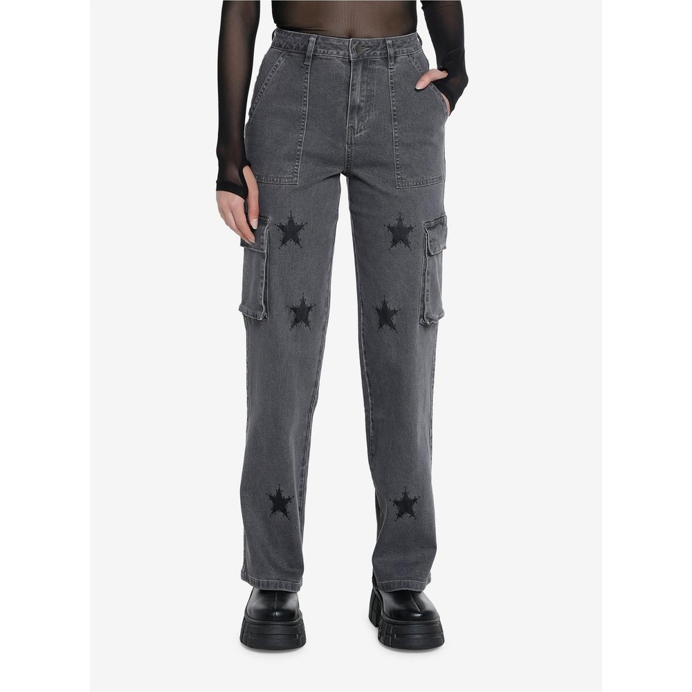 Hot Topic Grey Star Print Cargo Pants High Rise Denim y2K Womens Punk Sz 5